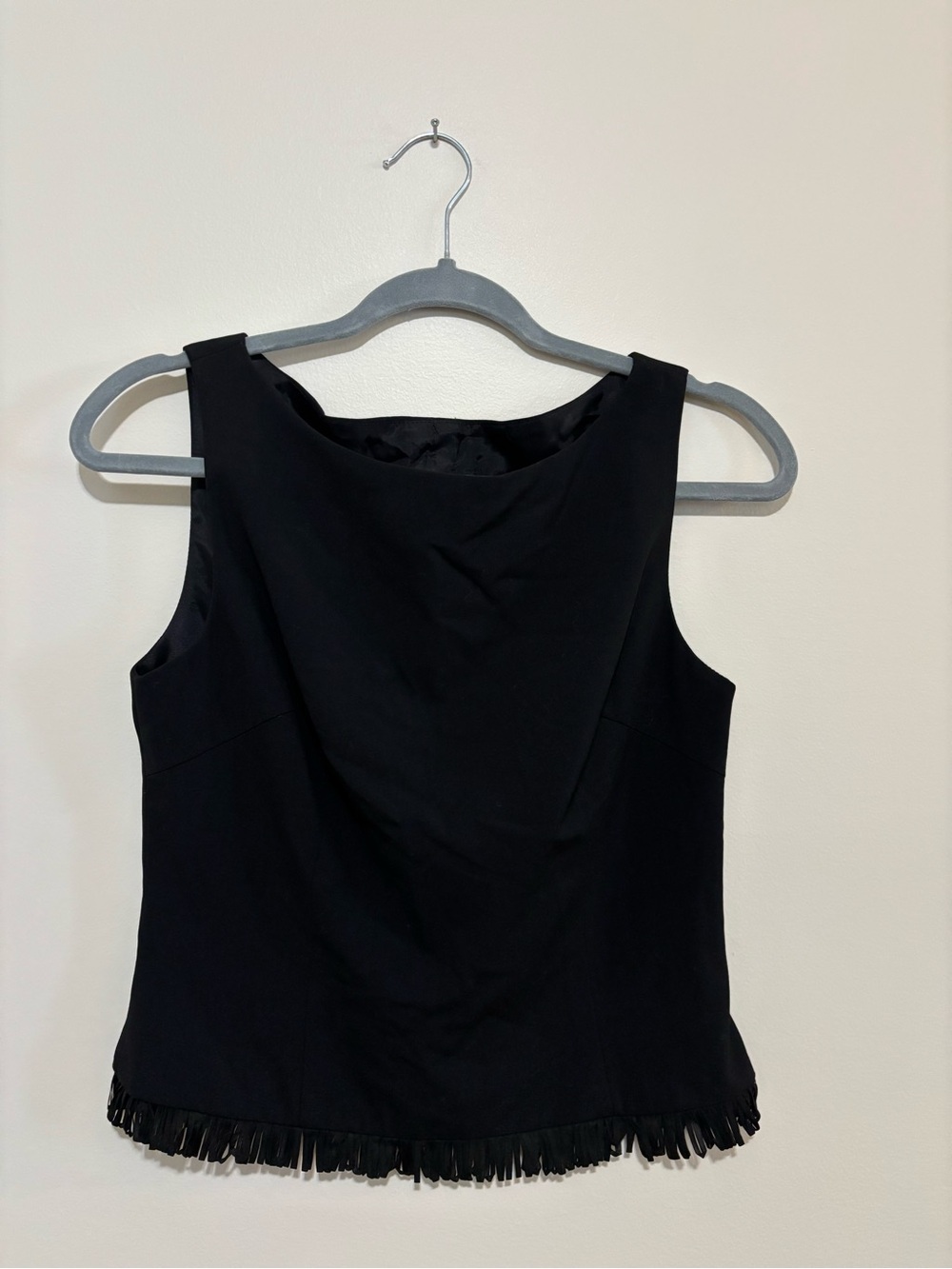 Trina Turk Black Sleeveless Cowl Neck Top with Fringe Hem - Picture 2 of 6